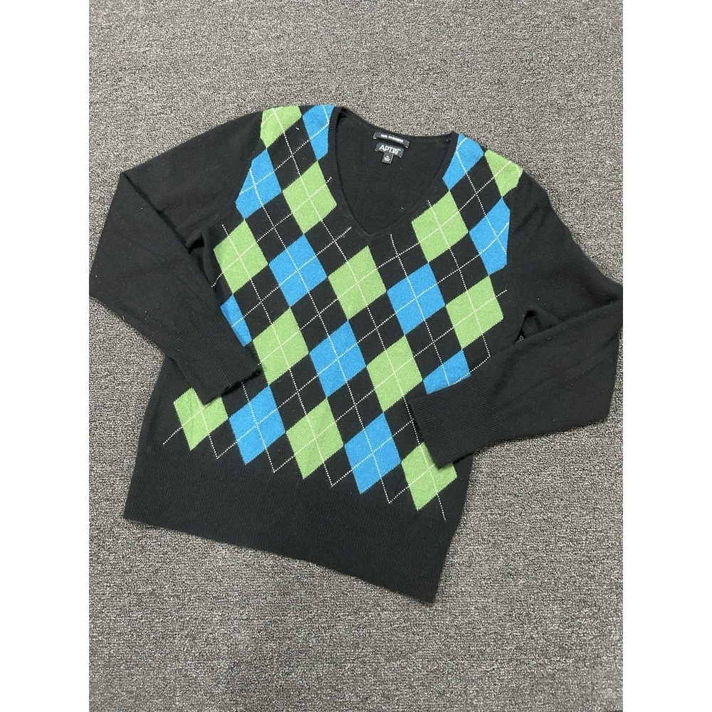 Apt.9 Cashmere Sweater Women's XL Black Argyle Diamond Print V-Neck Preppy